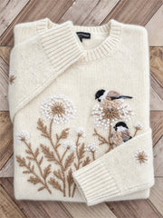 Women's Forest Birds & Dandelion Print Cozy crew neck sweater