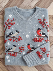 Women's Winter Birds & Berries Snowflakes Print Cozy crew neck sweater