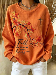 Women's Fall For Jesus He Never Leaves Print Waffle Sweatshirt