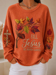 Women's Fall For Jesus He Never Leaves Print Waffle Sweatshirt