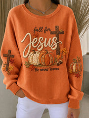 Women's Fall For Jesus He Never Leaves Print Waffle Sweatshirt