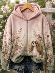 Women's Floral Dog Zip-Up Hoodie