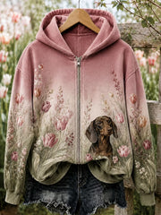 Women's Floral Dog Zip-Up Hoodie
