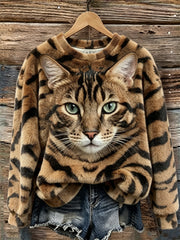Women's Tabby Cat Face & Pattern Print Cozy Flannel Sweatshirt