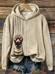 Women's Tabby Cat Fuzzy Paw & Scratches Print Full Zip Hoodie