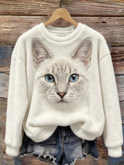 Women's Silver Shaded Cat Face Print Cozy Flannel Sweatshirt