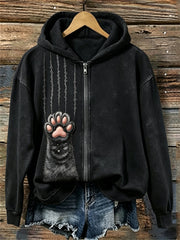 Women's Black Cat Fuzzy Paw & Scratches Print Full Zip Hoodie