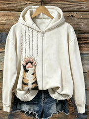 Women's Calico Cat Fuzzy Paw & Scratches Print Full Zip Hoodie