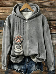 Women's Tabby Cat Fuzzy Paw & Scratches Print Full Zip Hoodie