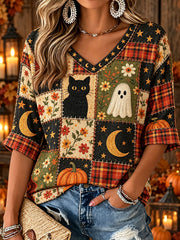 Women's Halloween Ghost and Black Cat Print V-neck T-shirts