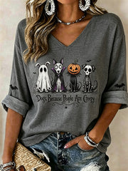 Women's Dogs Because People Are Creepy Halloween Dogs Mid-length Sleeves V-Neck T-Shirt