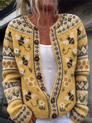 Women's Vintage Flying Bees Honeycomb Floral Isle Pattern Cardigan-Style Knit Jacket