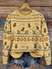 Women's Vintage Flying Bees Daisies Floral Isle Print crew neck sweater