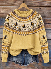Women's Vintage Flying Bees Daisies Yoke Isle Print crew neck sweater