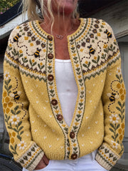 Women's Vintage Flying Bees Honeycomb Floral Isle Pattern Cardigan-Style Knit Jacket