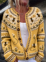 Women's Vintage Flying Bees Honeycomb Floral Isle Pattern Cardigan-Style Knit Jacket