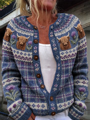 Women's Vintage Highland Cows Scotland Thistle Tartan Isle Pattern Cardigan-Style Knit Jacket