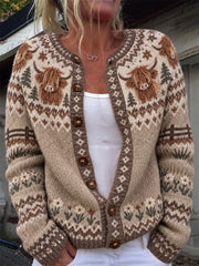 Women's Vintage Highland Cows Farm Floral Isle Pattern Cardigan-Style Knit Jacket