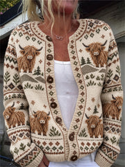 Women's Vintage Highland Cows Farm Floral Isle Pattern Cardigan-Style Knit Jacket