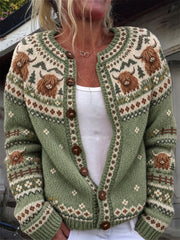 Women's Vintage Highland Cows Farm Floral Isle Pattern Cardigan-Style Knit Jacket