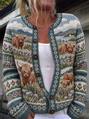 Women's Vintage Highland Cows Landscape Isle Pattern Cardigan-Style Knit Jacket