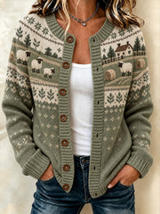 Women's farm sheep pattern printed casual cardigan-style knit jacket
