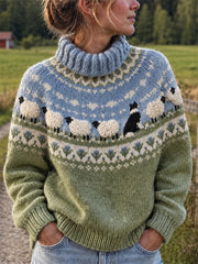 Women's Vintage Farm Border Collie & Sheep Yoke Isle Print Turtle neck sweater