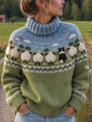 Women's Vintage Farm Border Collie & Sheep Yoke Isle Print Turtle neck sweater
