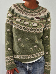 Women's farm sheep pattern printed casual long-sleeved sweater