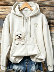 Women's Lovely Peeking Maltese & Paw Print Vintage Zip-Up Hoodie