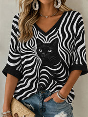 Women's Black Cat Mid-length Sleeves V-Neck T-Shirt