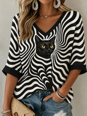 Women's Black Cat Mid-length Sleeves V-Neck T-Shirt