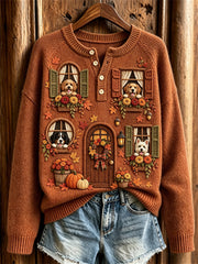 Women‘s Fall House & Peeking Dogs Inspired Print Cozy Henley Sweater