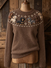 Women's Vintage Dachshund Dogs Yoke Isle Pattern Print crew neck sweater