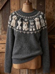 Women's Vintage Dogs Yoke Isle Pattern Print crew neck sweater