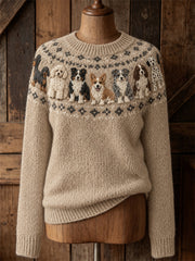 Women's Vintage Dogs Yoke Isle Pattern Print crew neck sweater