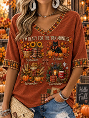 Women's Autumn And Winter Theme Pattern Design Casual Mid-length Sleeves V-Neck T-Shirt