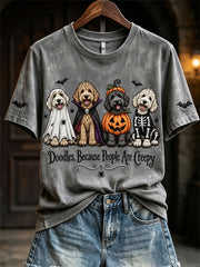 Women's Doodles Because People Are Creepy Halloween Dogs Print short-sleeved T-shirt