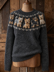 Women's Vintage Yorkie Dogs Yoke Isle Print Cozy crew neck sweater