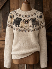 Women's Vintage Pug Dogs Yoke Isle Print Cozy crew neck sweater