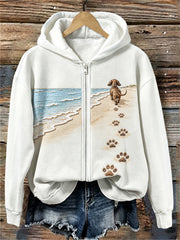 Women's Dachshund Dog Beach Walking Paw Prints Full Zip Hoodie