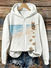 Women's Yorkie Dog Beach Walking Paw Prints Full Zip Hoodie
