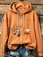 Women's Cute Forest Fox Print Comfy Zip-Up Hoodie