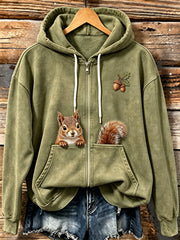 Women's Cute Forest Squirrel Print Comfy Zip-Up Hoodie