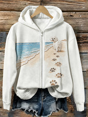 Women's Maltese Dog Beach Walking Paw Prints Full Zip Hoodie