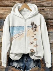 Women's French Bulldog Beach Walking Paw Prints Full Zip Hoodie