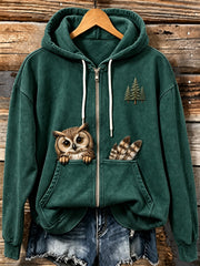 Women's Cute Forest Owl Print Comfy Zip-Up Hoodie