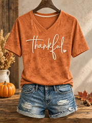 Women's Thanksgiving Art Thankful Printed T-shirt