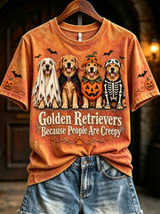 Women's Golden Retrievers Because People Are Creepy Halloween Print Short-sleeved T-shirt