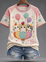 Women's Cute cat print round neck short sleeve T-shirt